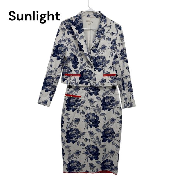 Eva Mendes Floral Blazer SZ 6 & Pencil Skirt SZ 0 Suit Set Off White/Blue/ Lined - Picture 1 of 16
